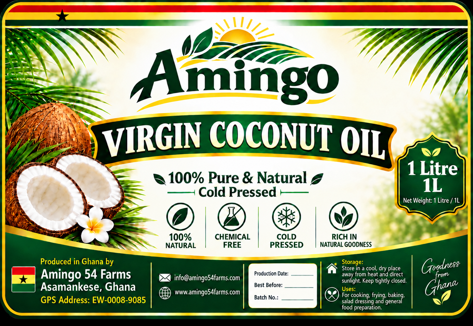 Amingo Virgin Coconut Oil label showing Amingo 54 Farms as the producer in Ghana
